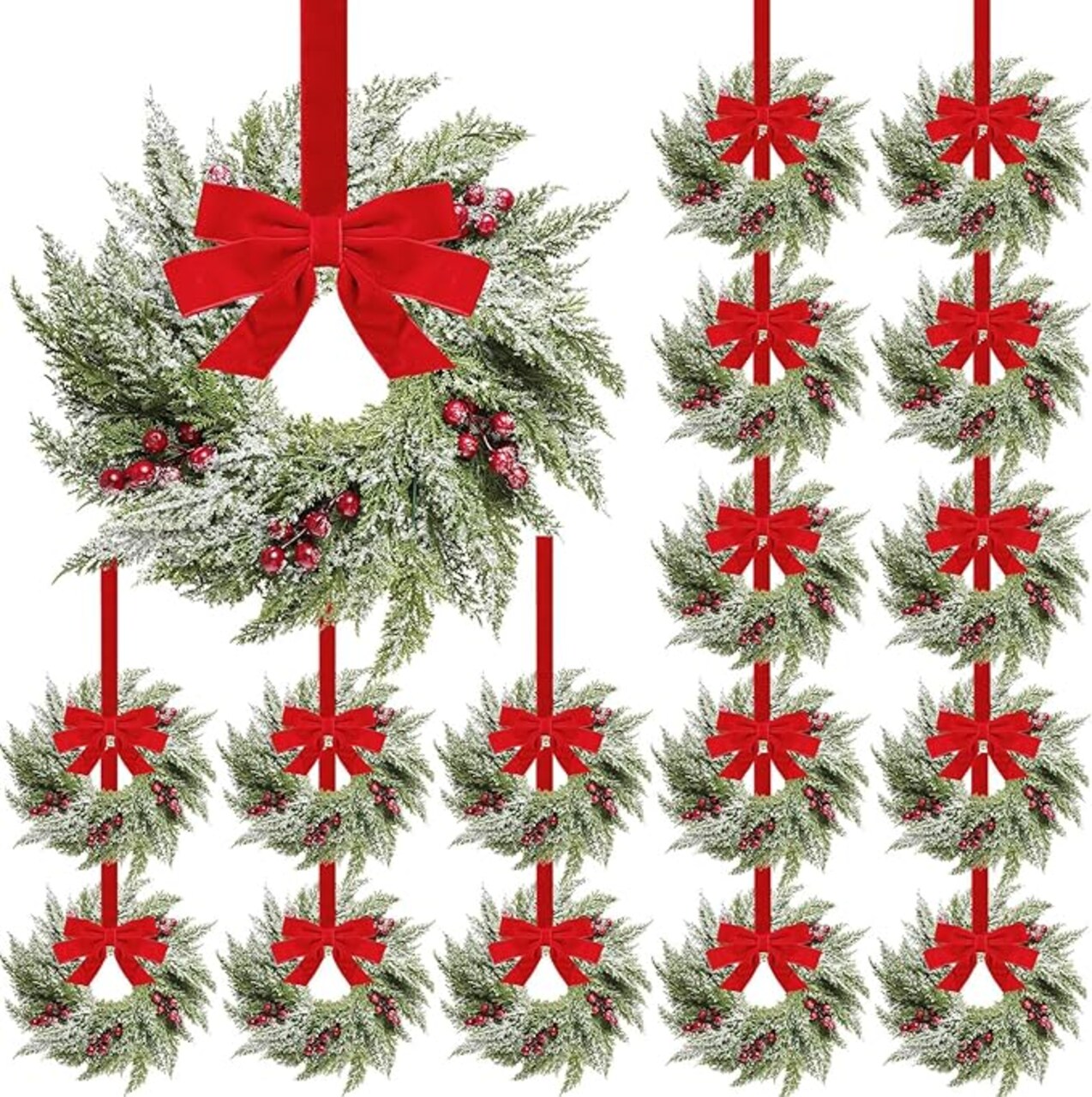 18 Pcs Christmas Wreath Decorations Christmas Kitchen Cabinet Wreaths with Red Ribbon Mini Wreaths Farmhouse Decoration Artificial Hanging Garlands for Christmas Front Door Window Chair Wall